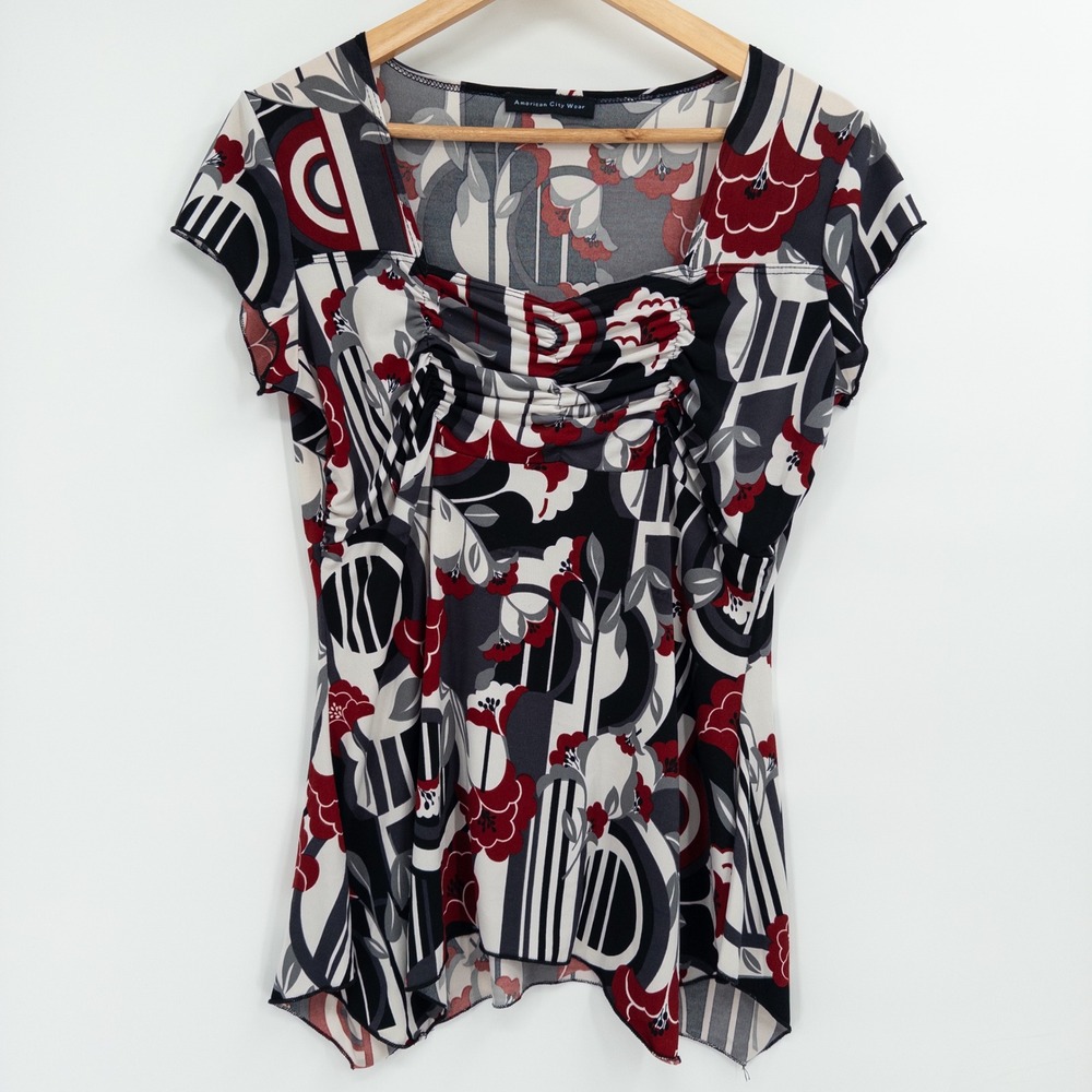 Y2K Babydoll Top Vintage Womens Medium Black Red Floral Fitted Stretchy Tight
